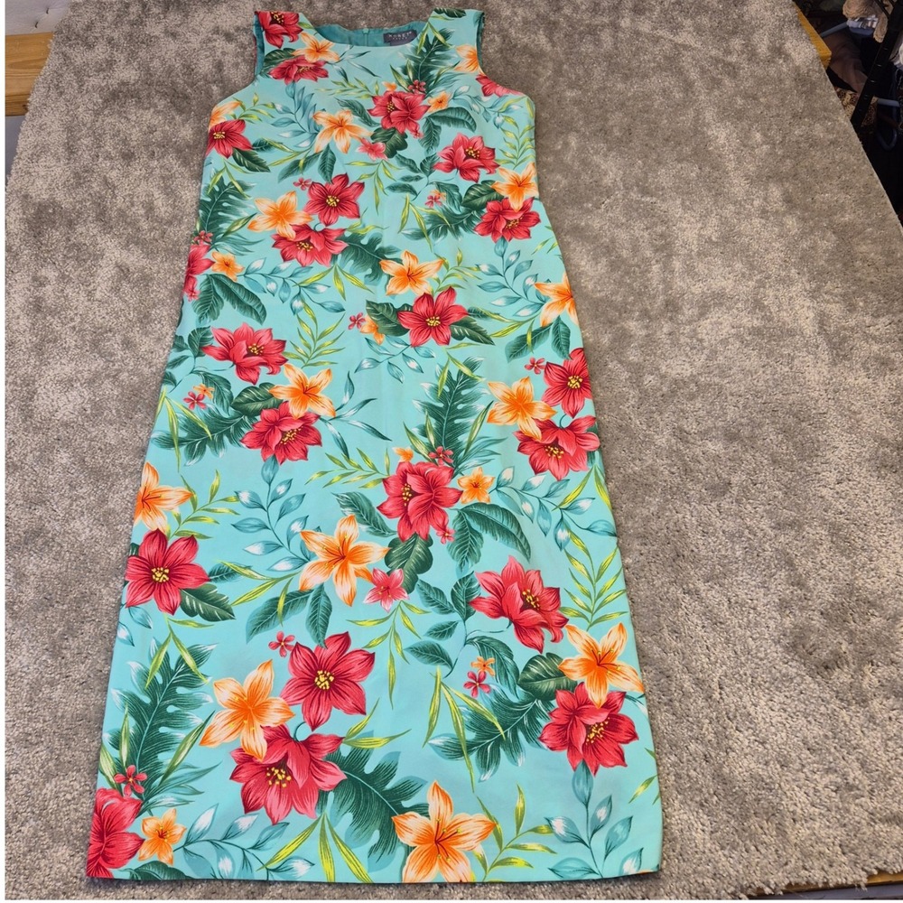 Koret Dress Womens 10 Turquoise Red Tropical Floral Maxi Vacation Luau Hawaii